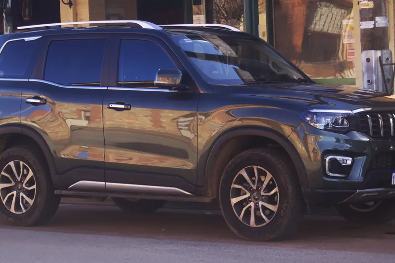Dark Mahindra Scorpio N SUV, front three-quarter view